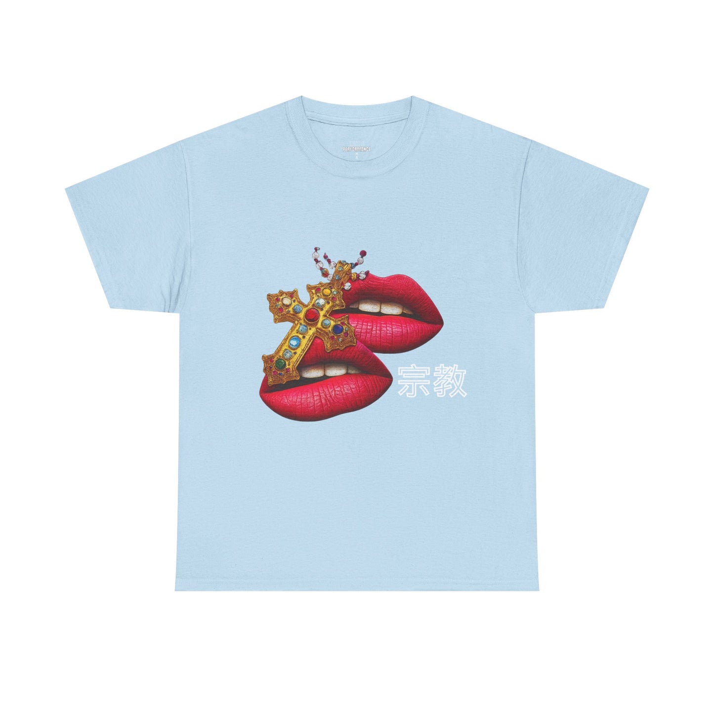 Bold Statement Tee, Graphic T-Shirt for Trendsetters, Unique Fashion Tee, Lips and Cross Design, Gift for Fashion Lovers