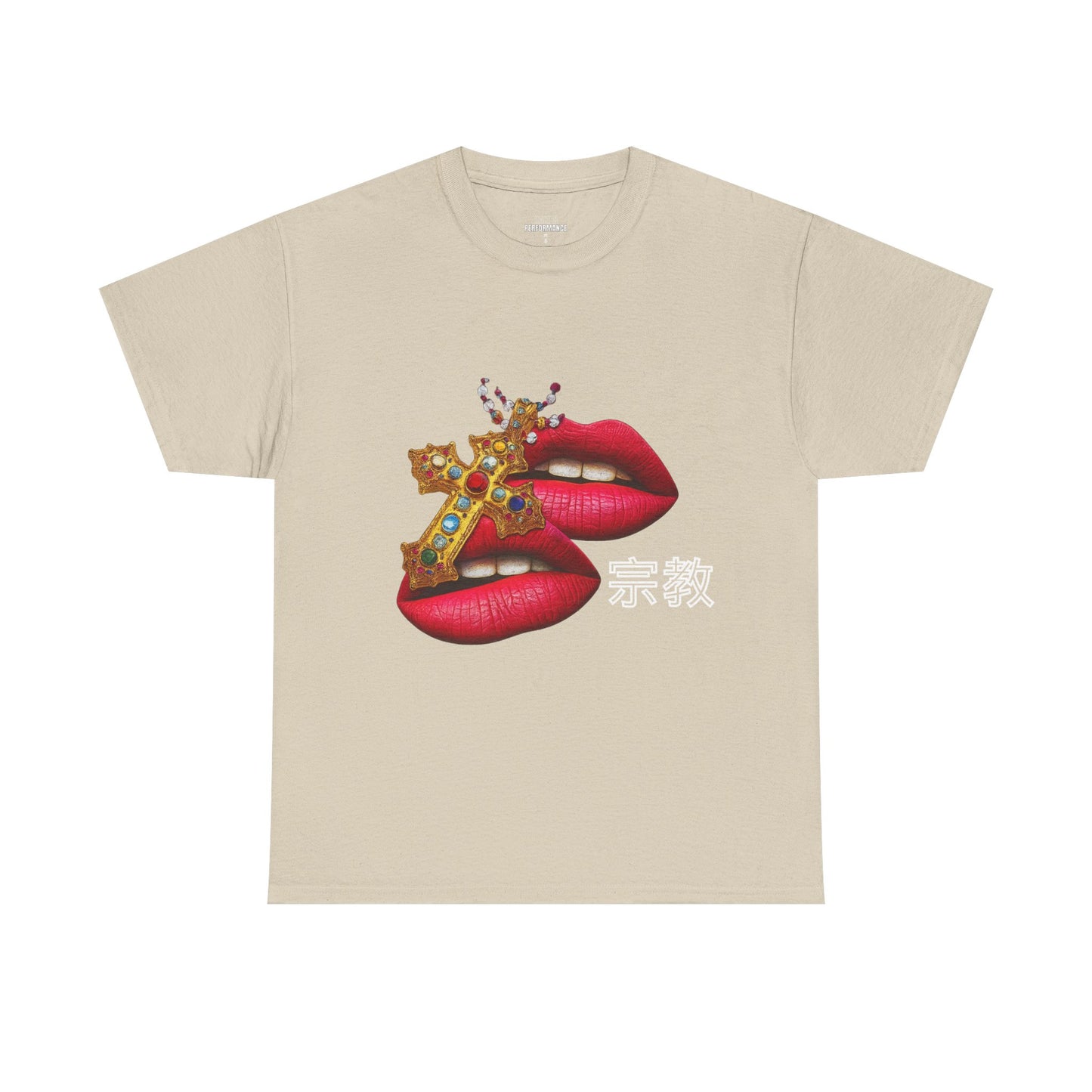 Bold Statement Tee, Graphic T-Shirt for Trendsetters, Unique Fashion Tee, Lips and Cross Design, Gift for Fashion Lovers