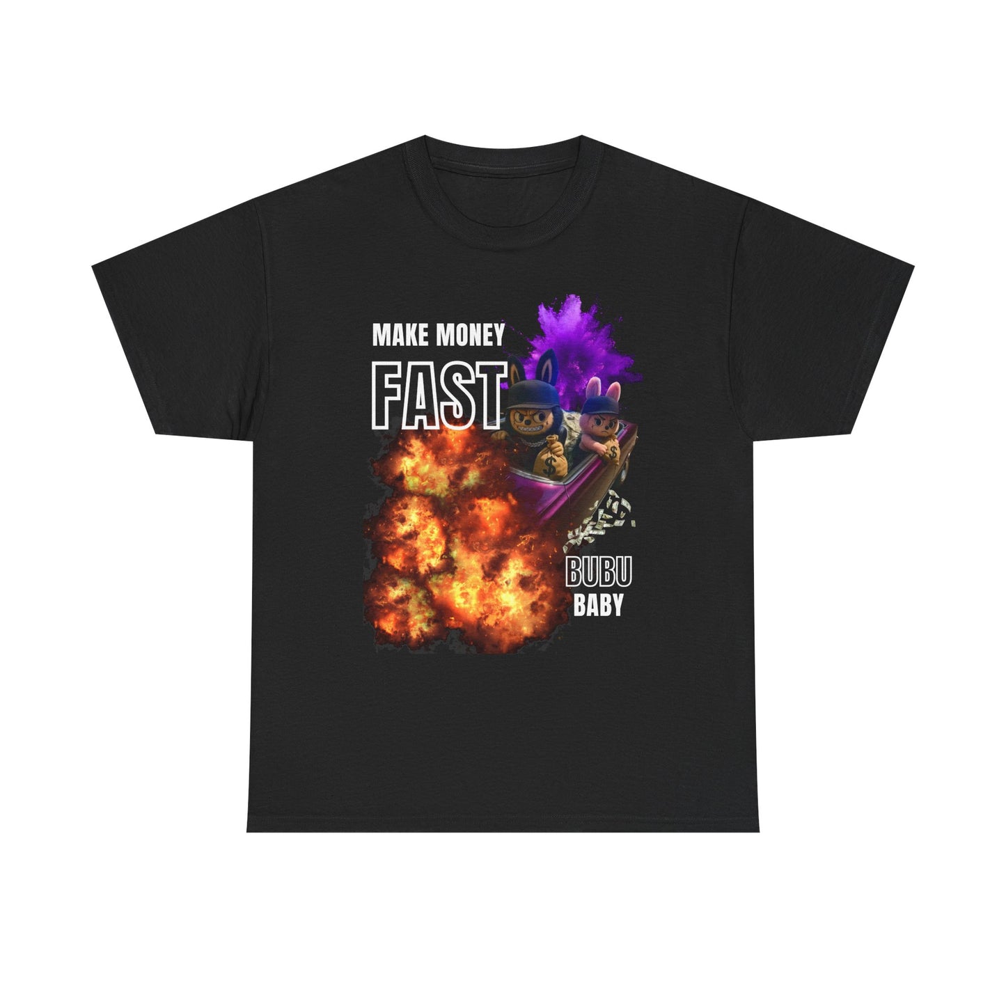T-Shirt Bankrobbery Labubu Fan Tee with Girlfriend, Car, and Money Design