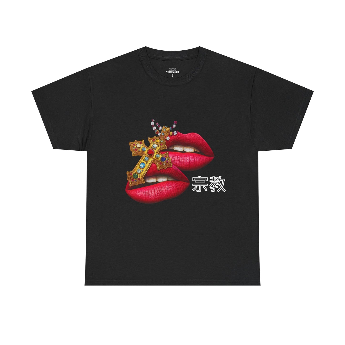 Bold Statement Tee, Graphic T-Shirt for Trendsetters, Unique Fashion Tee, Lips and Cross Design, Gift for Fashion Lovers