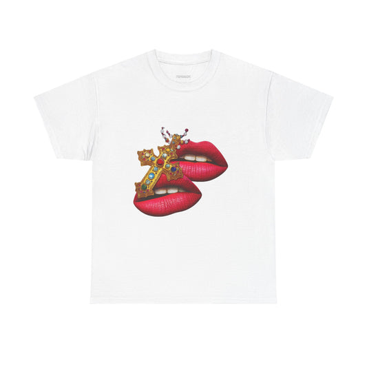 Bold Statement Tee, Graphic T-Shirt for Trendsetters, Unique Fashion Tee, Lips and Cross Design, Gift for Fashion Lovers
